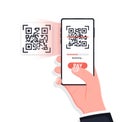 Scanning QR code with mobile smart phone. Isolated on white background. Qr code payment, E wallet , cashless technology concept. Royalty Free Stock Photo