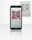 Scanning QR code product price tag using smartphone with mobile app isolated on white glossy table. Design concept for online shop Royalty Free Stock Photo