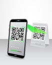 Scanning QR code product price tag using smartphone in perspective view isolated on white glossy table. Royalty Free Stock Photo