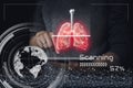 Scanning red low poly human lungs on a black background. Abstract anatomy organ. Healthcare and medicine, Covid-19, Innovation and