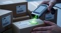 Scanning rfid tags on cardboard boxes with a handheld scanner for inventory tracking Royalty Free Stock Photo