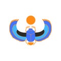 Scarab beetle with blue wings and orange sun. Symbol of ancient Egyptian culture and mythology. Vector icon of sacred