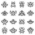 Scarab beetle icons set, outline style