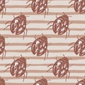 Scarab beetle silhouettes seamless pattern. Stylized bugs print in soft brown tones with stripped background