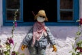 Scarecrow and beautiful purple flowers in front of the house, blue window Royalty Free Stock Photo