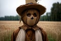 A Scarecrow With Blue Eyes And A Brown Hat. Generative AI