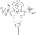 Outlined Cute Scarecrow Cartoon Character With Crow Bird Royalty Free Stock Photo