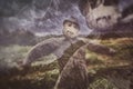 Scarecrow composite with a scary look at a farm with storm clouds and lightning and rain