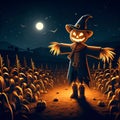 A scarecrow with a corn field in a halloween theme, at night scene with moon, no background, printable Royalty Free Stock Photo
