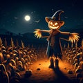 A scarecrow with a corn field in a halloween theme, at night scene with moon, no background, printable