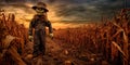 Scarecrow in a cornfield, guarding the crops and adding a touch of whimsy to the Halloween season Generative AI