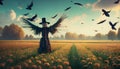 scarecrow with crows in a field