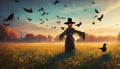 scarecrow with crows in a field