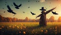 scarecrow with crows in a field