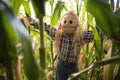 scarecrow dressed in plaid shirt and jeans amidst corn stalks Royalty Free Stock Photo