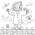 Scarecrow in the field behind a wooden fence at the farm. Vector black and white coloring page.