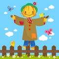 Scarecrow in the field behind a wooden fence. Vector illustration