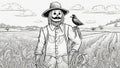 scarecrow in a field with hay black and white, coloring book page, A scarecrow Royalty Free Stock Photo