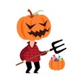 Scarecrow ghost with pumpkin head . Cute halloween cartoon characters . Vector