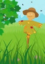 Scarecrow in green field summer poster. Farm on nature rural background with tree foliage and tall grass for harvesting