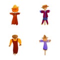 Scarecrow icons set cartoon vector. Funny bird scarecrow