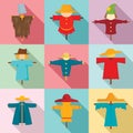 Scarecrow icons set, flat style