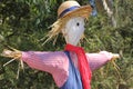 Portrait of scarecrow with straw hat in sunny garden Royalty Free Stock Photo