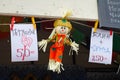 Scarecrow and price tags on the occasion of the arrival of spring in Gor
