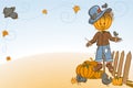 Scarecrow protecting pumpkins Royalty Free Stock Photo