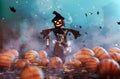 Scarecrow Pumpkin decorated at night Royalty Free Stock Photo