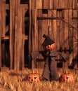 Scarecrow pumpkin in front of old barn Royalty Free Stock Photo