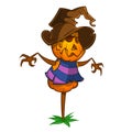 Scarecrow with pumpkin head in a witch hat. Cartoon style. Vector isolated Royalty Free Stock Photo