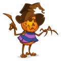 Scarecrow with pumpkin head in a witch hat and rags. Cartoon style pumpkin head with hands. Vector isolated. Royalty Free Stock Photo