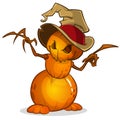 Scarecrow with pumpkin head in a witch hat and rags. Cartoon style pumpkin head