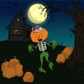 Scarecrow pumpkin skeleton with sweets and scary candies on a background of a haunted house and a full moon.