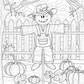 Scarecrow and pumpkins in the garden.Coloring book antistress for children and adults.