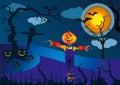 Scarecrow and pumpkins in scary Halloween night - vector illustration Royalty Free Stock Photo