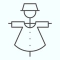 Scarecrow puppet thin line icon. Farmer helper in garden for scaring away birds. Autumn harvest vector design concept