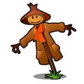 Scarecrow in the red scarf and brown hat isolated on white background. Vector cartoon close-up illustration.