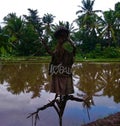 A scarecrow with the sign I love Bali, in the background palms and a rice field Royalty Free Stock Photo