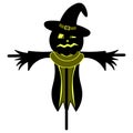 Scarecrow. Silhouette. Scare birds away. Pumpkin on the head. Frightened facial expression with shining eyes. A scarecrow in rags,
