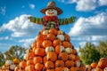 Scarecrow Standing Atop a Pumpkin Pyramid Royalty Free Stock Photo
