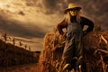 a scarecrow standing guard over a field of bales of hay and rows of corn