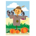 The scarecrow stands in the garden and guards the pumpkin, crows are sitting on his hands, vector illustration Royalty Free Stock Photo