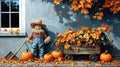 A scarecrow in straw hat is standing in front of a house with a pumpkin cart Royalty Free Stock Photo