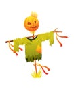 Scarecrow was put on a stick. Stylized cartoon character. Vector icon for decoration rural meadow