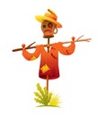 Scarecrow was put on a stick. Stylized cartoon character. Vector icon for decoration rural meadow