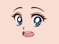 Scared anime face. Manga style big blue eyes, little nose and kawaii mouth