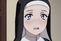 Scared anime manga girl in a nun outfit standing in a monastery. Generative AI