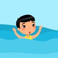 Scared asian little boy swimming flat vector illustration. Child sinking, waving hands and calling for help in sea. Danger on wate